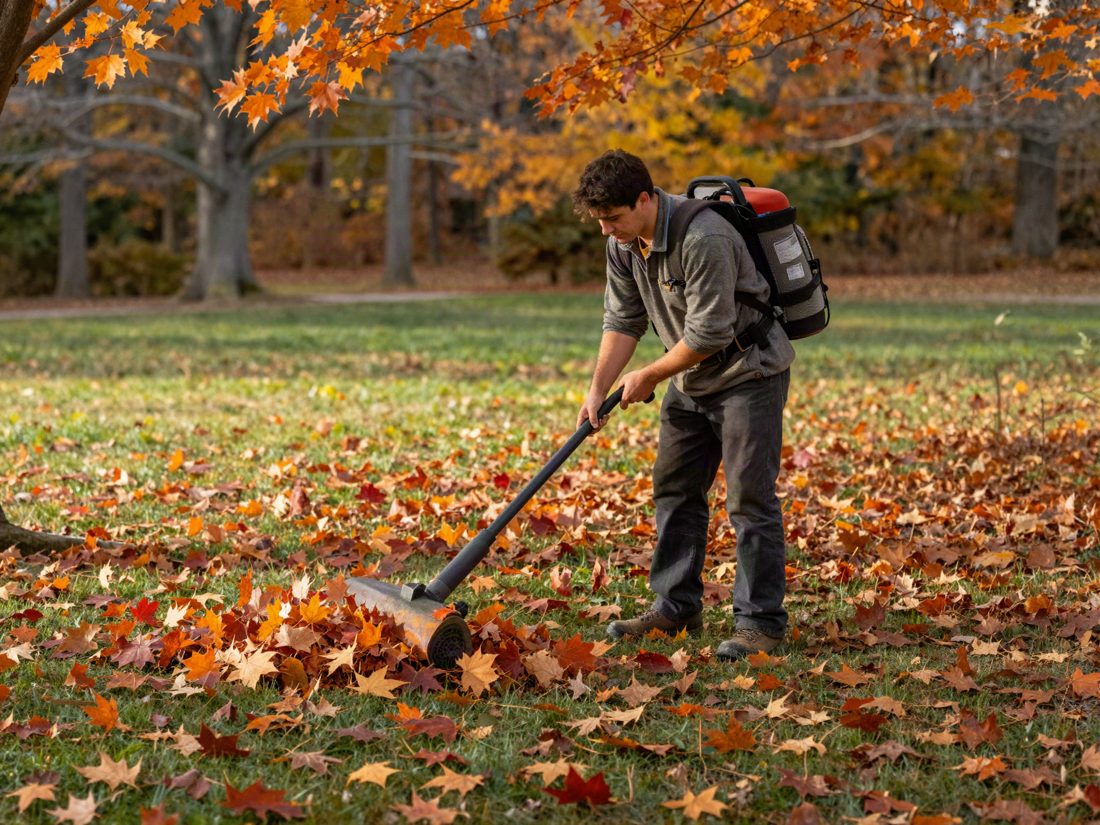 A worker clearing bright autumn maple leaves from a lawn with a blower