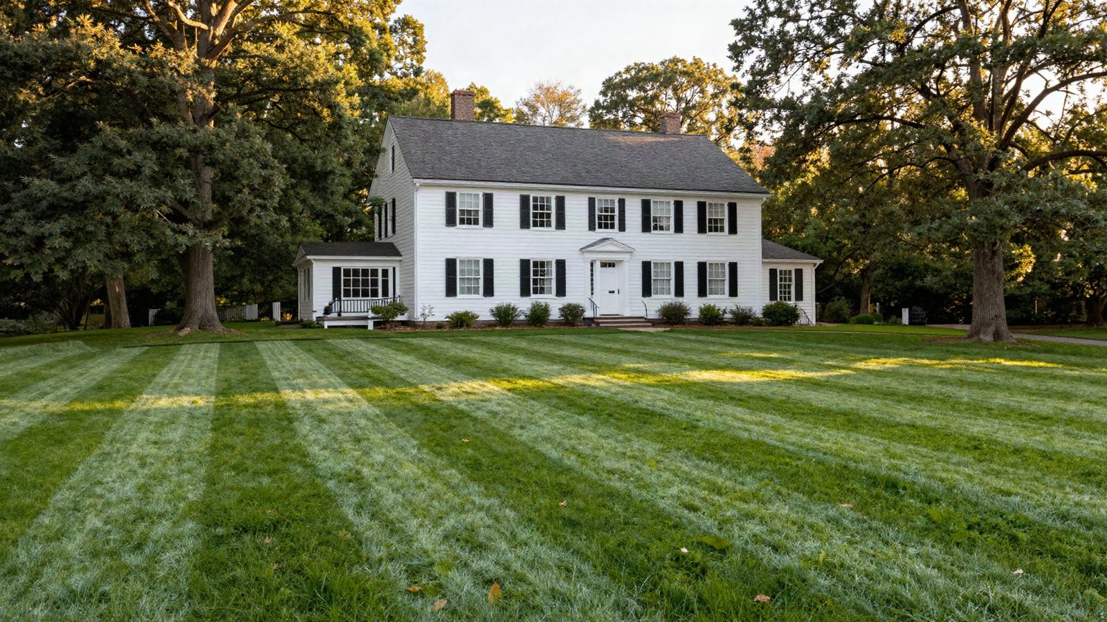 A freshly striped lawn in front of a white New England colonial house at golden hour