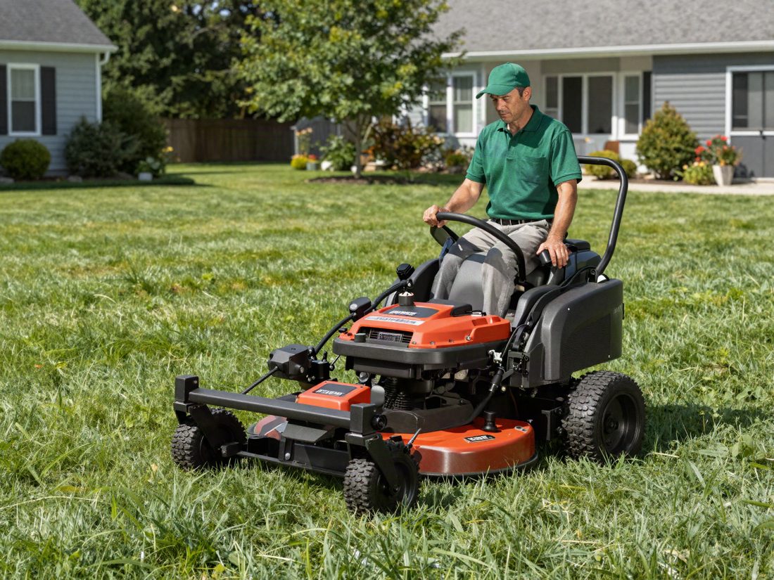 A commercial zero-turn mower cutting stripes into a green lawn